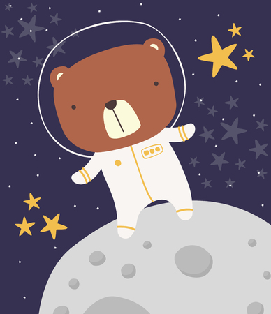 cute astronaut bear on the moon. drawn style illustration. can be used for nursery decoration, design for baby and kidsのイラスト素材
