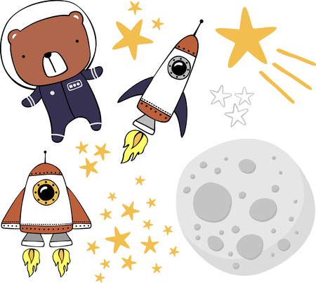 cute bear in astronaut suit with space theme design elements isolated on white. hand drawn style illustration. can be used for nursery decoration, design for baby and kidsのイラスト素材