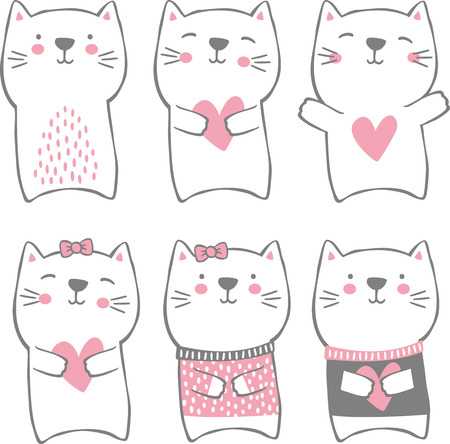 set of cute funny cats isolated on white. modern hand drawn style. design for baby and childのイラスト素材