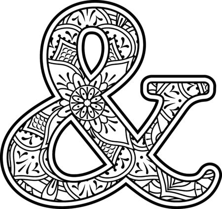 ampersand symbol in black and white with doodle ornaments and design elements from mandala art style for coloring. Isolated on white backgroundのイラスト素材
