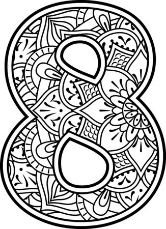 number 8 in black and white with doodle ornaments and design elements from mandala art style for coloring. Isolated on white backgroundのイラスト素材