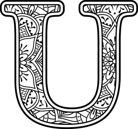 initial u in black and white with doodle ornaments and design elements from mandala art style for coloring. Isolated on white backgroundのイラスト素材