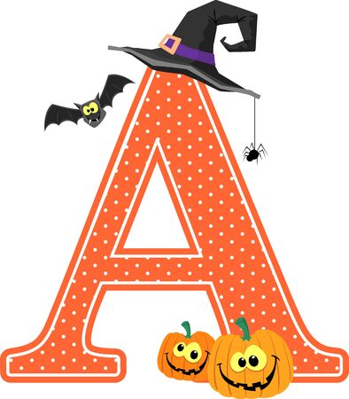 capital letter a with smiling pumpkins and halloween design elements isolated on white background. can be used for halloween season card, nursery decoration  or halloween paty invitationのイラスト素材
