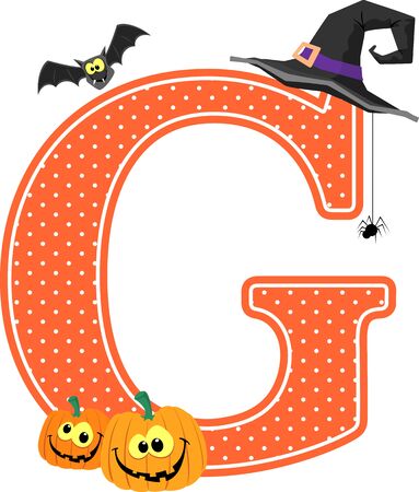 capital letter g with smiling pumpkins and halloween design elements isolated on white background. can be used for halloween season card, nursery decoration  or halloween paty invitationのイラスト素材