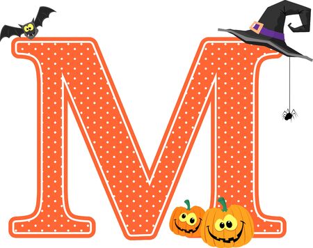 capital letter m with smiling pumpkins and halloween design elements isolated on white background. can be used for halloween season card, nursery decoration  or halloween paty invitationのイラスト素材
