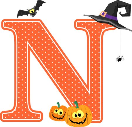 capital letter n with smiling pumpkins and halloween design elements isolated on white background. can be used for halloween season card, nursery decoration  or halloween paty invitationのイラスト素材