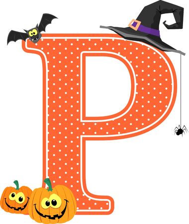 capital letter p with smiling pumpkins and halloween design elements isolated on white background. can be used for halloween season card, nursery decoration  or halloween paty invitationのイラスト素材