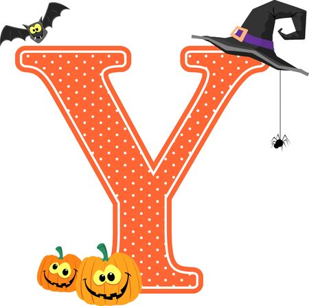 capital letter y with smiling pumpkins and halloween design elements isolated on white background. can be used for halloween season card, nursery decoration  or halloween paty invitationのイラスト素材