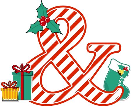 ampersand symbol with red and white candy cane pattern and christmas design elements isolated on white background. can be used for holiday season card, nursery decoration or christmas paty invitationのイラスト素材