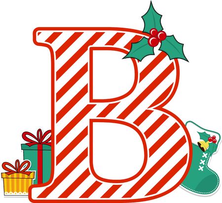 capital letter b with red and white candy cane pattern and christmas design elements isolated on white background. can be used for holiday season card, nursery decoration or christmas paty invitationのイラスト素材