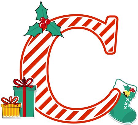 capital letter c with red and white candy cane pattern and christmas design elements isolated on white background. can be used for holiday season card, nursery decoration or christmas paty invitationのイラスト素材