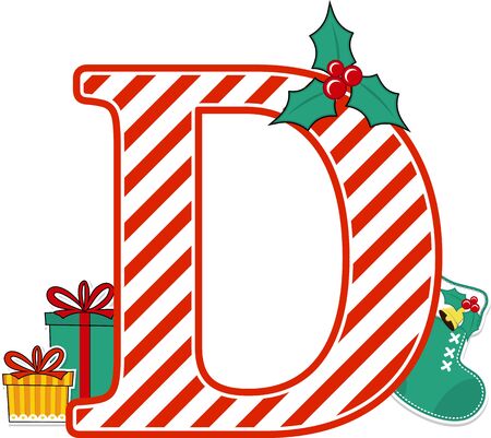 capital letter d with red and white candy cane pattern and christmas design elements isolated on white background. can be used for holiday season card, nursery decoration or christmas paty invitationのイラスト素材
