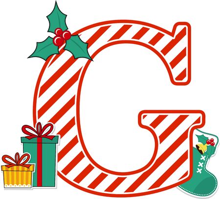 capital letter g with red and white candy cane pattern and christmas design elements isolated on white background. can be used for holiday season card, nursery decoration or christmas paty invitationのイラスト素材