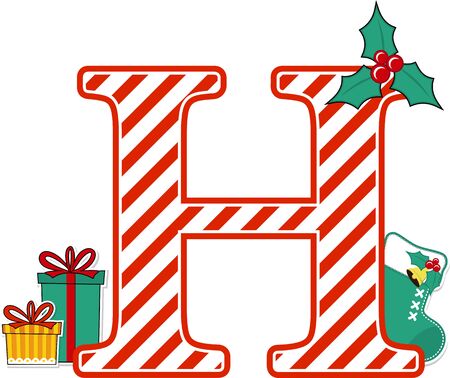 capital letter h with red and white candy cane pattern and christmas design elements isolated on white background. can be used for holiday season card, nursery decoration or christmas paty invitationのイラスト素材