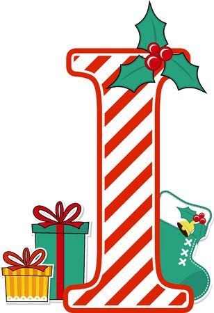 capital letter i with red and white candy cane pattern and christmas design elements isolated on white background. can be used for holiday season card, nursery decoration or christmas paty invitationのイラスト素材