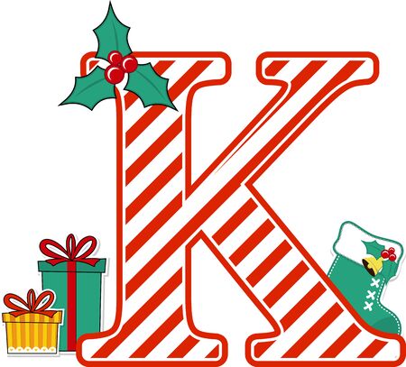 capital letter k with red and white candy cane pattern and christmas design elements isolated on white background. can be used for holiday season card, nursery decoration or christmas paty invitationのイラスト素材
