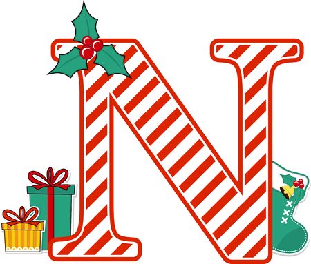 capital letter n with red and white candy cane pattern and christmas design elements isolated on white background. can be used for holiday season card, nursery decoration or christmas paty invitationのイラスト素材