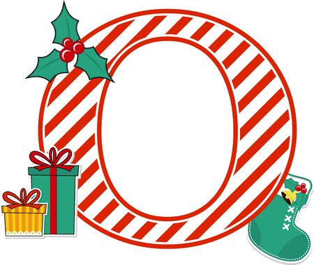 capital letter o with red and white candy cane pattern and christmas design elements isolated on white background. can be used for holiday season card, nursery decoration or christmas paty invitationのイラスト素材