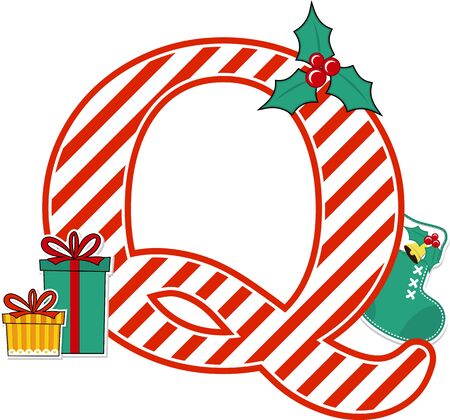 capital letter q with red and white candy cane pattern and christmas design elements isolated on white background. can be used for holiday season card, nursery decoration or christmas paty invitationのイラスト素材
