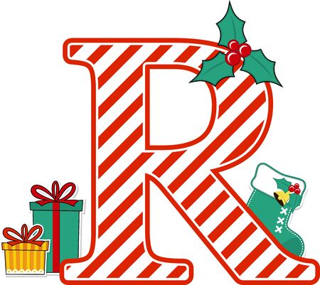 capital letter r with red and white candy cane pattern and christmas design elements isolated on white background. can be used for holiday season card, nursery decoration or christmas paty invitationのイラスト素材