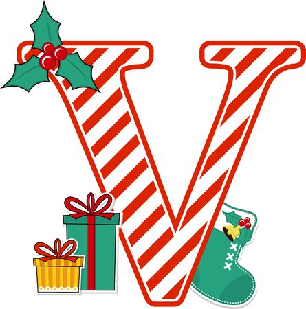 capital letter v with red and white candy cane pattern and christmas design elements isolated on white background. can be used for holiday season card, nursery decoration or christmas paty invitationのイラスト素材