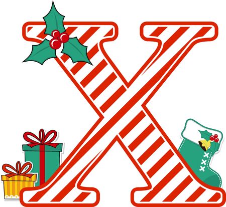 capital letter x with red and white candy cane pattern and christmas design elements isolated on white background. can be used for holiday season card, nursery decoration or christmas paty invitationのイラスト素材
