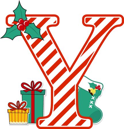 capital letter y with red and white candy cane pattern and christmas design elements isolated on white background. can be used for holiday season card, nursery decoration or christmas paty invitationのイラスト素材