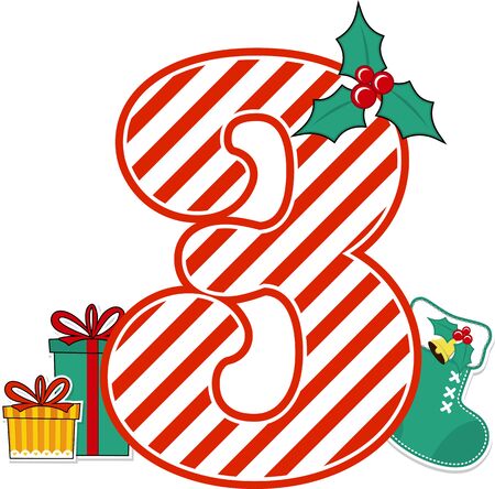 number 3 with red and white candy cane pattern and christmas design elements isolated on white background. can be used for holiday season card, nursery decoration or christmas paty invitationのイラスト素材