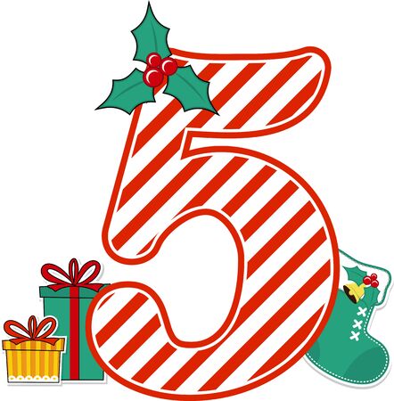 number 5 with red and white candy cane pattern and christmas design elements isolated on white background. can be used for holiday season card, nursery decoration or christmas paty invitationのイラスト素材