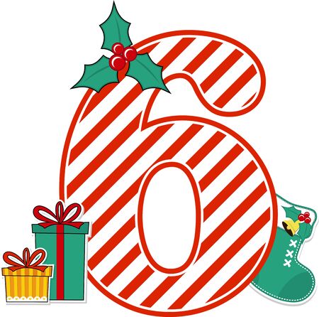 number 6 with red and white candy cane pattern and christmas design elements isolated on white background. can be used for holiday season card, nursery decoration or christmas paty invitationのイラスト素材
