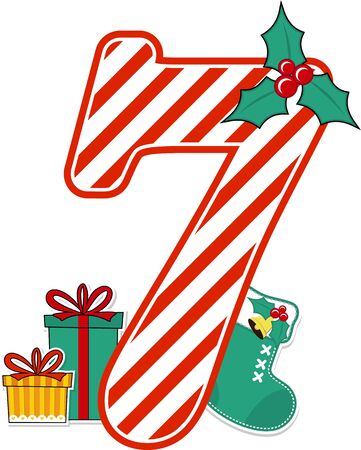 number 7 with red and white candy cane pattern and christmas design elements isolated on white background. can be used for holiday season card, nursery decoration or christmas paty invitationのイラスト素材