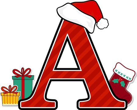 capital letter a with red santa's hat and christmas design elements isolated on white background. can be used for holiday season card, nursery decoration or christmas paty invitationのイラスト素材