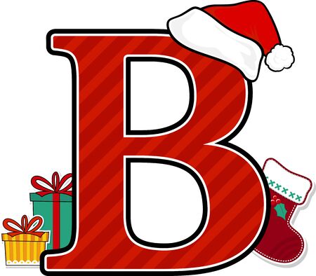 capital letter b with red santa's hat and christmas design elements isolated on white background. can be used for holiday season card, nursery decoration or christmas paty invitationのイラスト素材