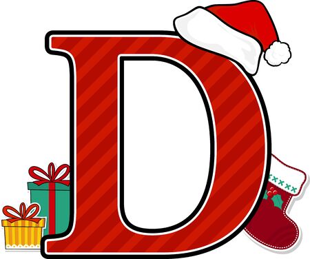 capital letter d with red santa's hat and christmas design elements isolated on white background. can be used for holiday season card, nursery decoration or christmas paty invitationのイラスト素材