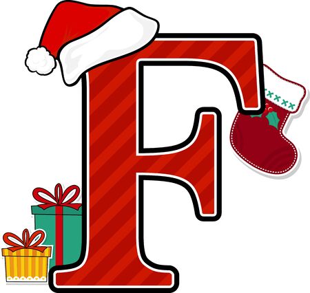 capital letter f with red santa's hat and christmas design elements isolated on white background. can be used for holiday season card, nursery decoration or christmas paty invitationのイラスト素材