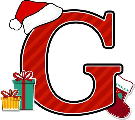 capital letter g with red santa's hat and christmas design elements isolated on white background. can be used for holiday season card, nursery decoration or christmas paty invitationのイラスト素材