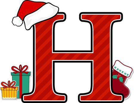 capital letter h with red santa's hat and christmas design elements isolated on white background. can be used for holiday season card, nursery decoration or christmas paty invitationのイラスト素材
