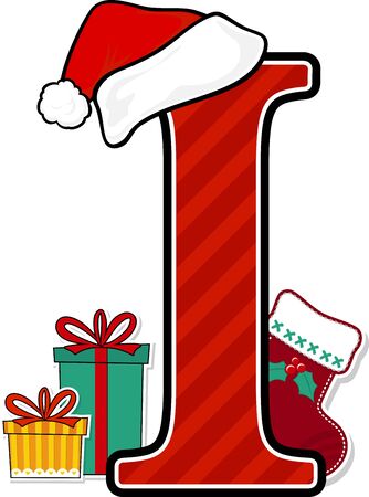 capital letter i with red santa's hat and christmas design elements isolated on white background. can be used for holiday season card, nursery decoration or christmas paty invitationのイラスト素材