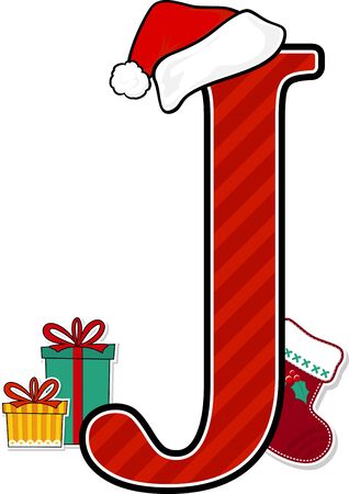 capital letter j with red santa's hat and christmas design elements isolated on white background. can be used for holiday season card, nursery decoration or christmas paty invitationのイラスト素材