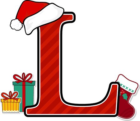 capital letter l with red santa's hat and christmas design elements isolated on white background. can be used for holiday season card, nursery decoration or christmas paty invitationのイラスト素材