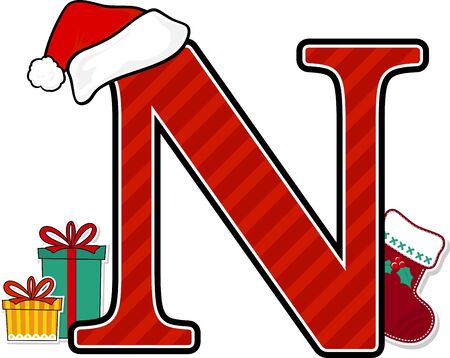 capital letter n with red santa's hat and christmas design elements isolated on white background. can be used for holiday season card, nursery decoration or christmas paty invitationのイラスト素材