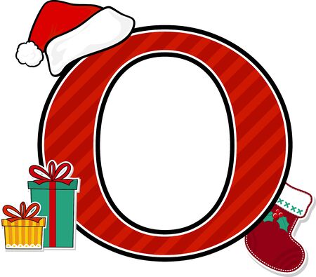capital letter o with red santa's hat and christmas design elements isolated on white background. can be used for holiday season card, nursery decoration or christmas paty invitationのイラスト素材