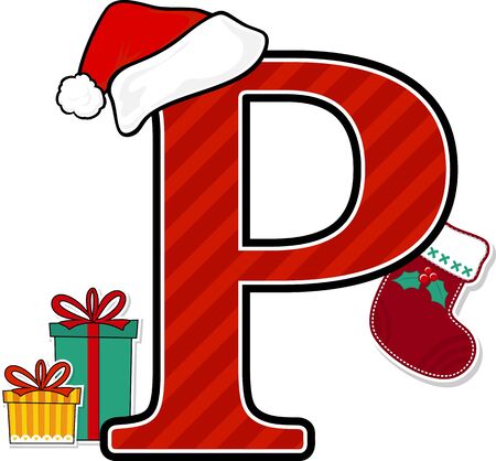 capital letter p with red santa's hat and christmas design elements isolated on white background. can be used for holiday season card, nursery decoration or christmas paty invitationのイラスト素材
