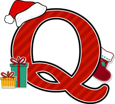 capital letter q with red santa's hat and christmas design elements isolated on white background. can be used for holiday season card, nursery decoration or christmas paty invitationのイラスト素材