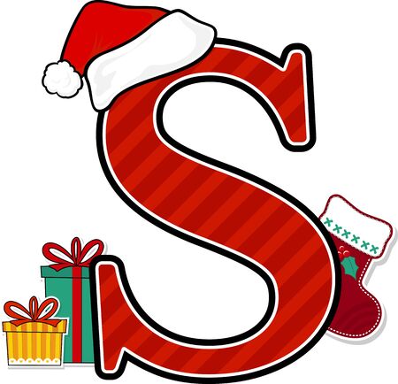 capital letter s with red santa's hat and christmas design elements isolated on white background. can be used for holiday season card, nursery decoration or christmas paty invitationのイラスト素材