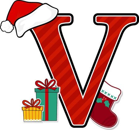 capital letter v with red santa's hat and christmas design elements isolated on white background. can be used for holiday season card, nursery decoration or christmas paty invitationのイラスト素材
