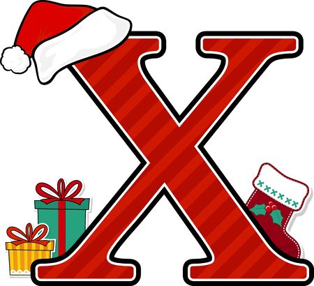 capital letter x with red santa's hat and christmas design elements isolated on white background. can be used for holiday season card, nursery decoration or christmas paty invitationのイラスト素材