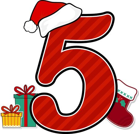 number 5 with red santa's hat and christmas design elements isolated on white background. can be used for holiday season card, nursery decoration or christmas paty invitationのイラスト素材