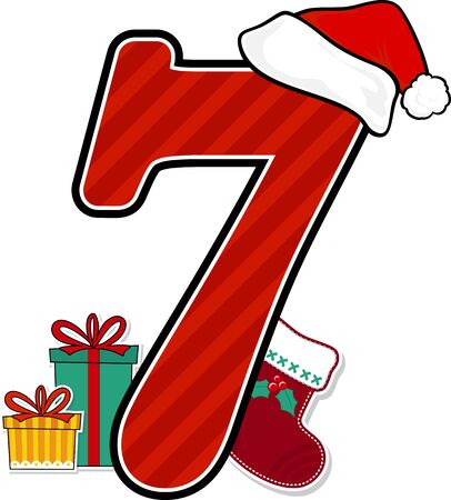 number 7 with red santa's hat and christmas design elements isolated on white background. can be used for holiday season card, nursery decoration or christmas paty invitationのイラスト素材
