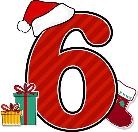 number 6 with red santa's hat and christmas design elements isolated on white background. can be used for holiday season card, nursery decoration or christmas paty invitationのイラスト素材